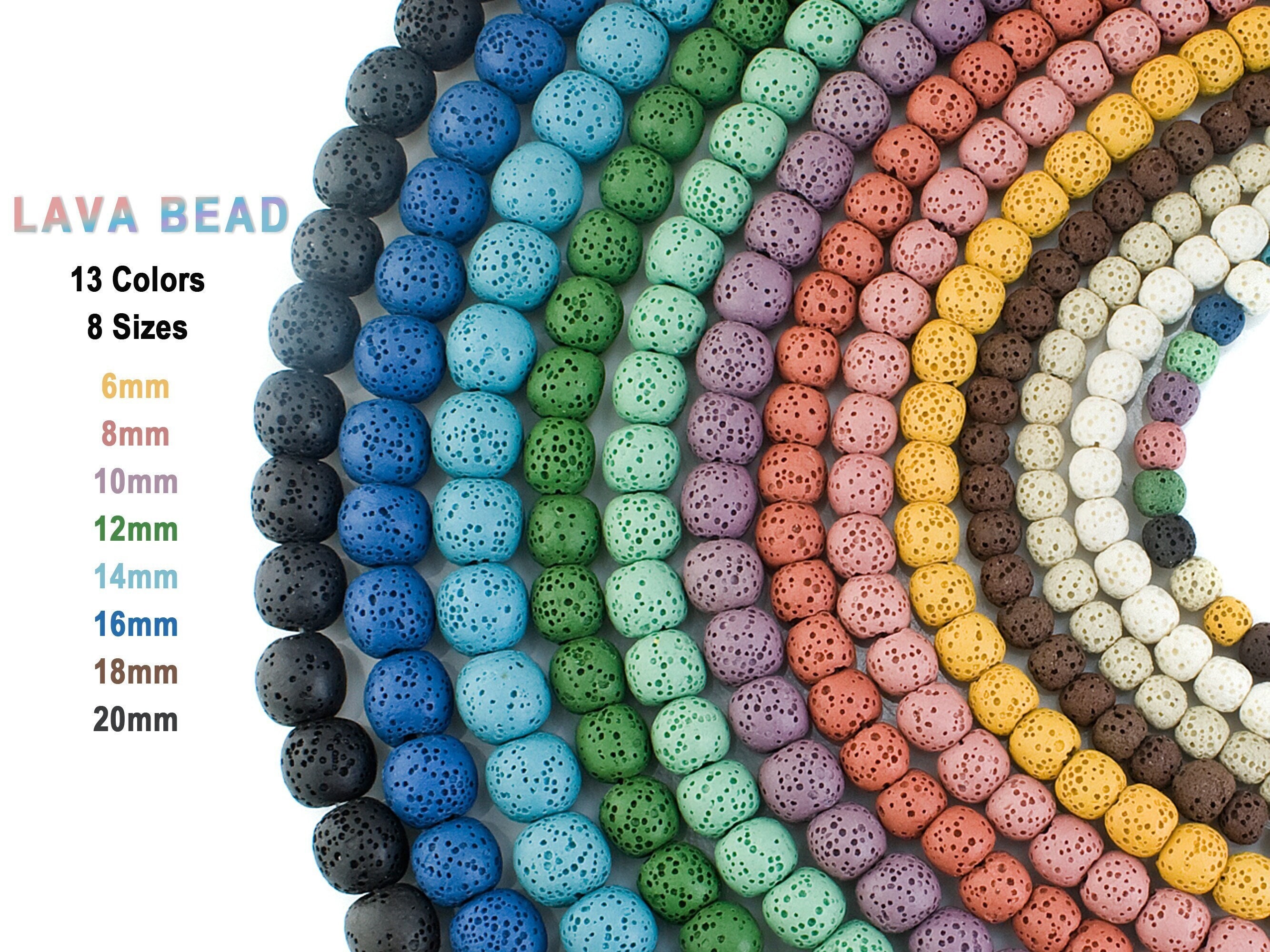Volcanic Lava Stone Round Loose Beads - Bulk 6mm to 20mm (6mm,8mm,10mm,12mm,14mm,16mm,18mm,20mm) for Chakra Healing, Black & Colored | Beadnova