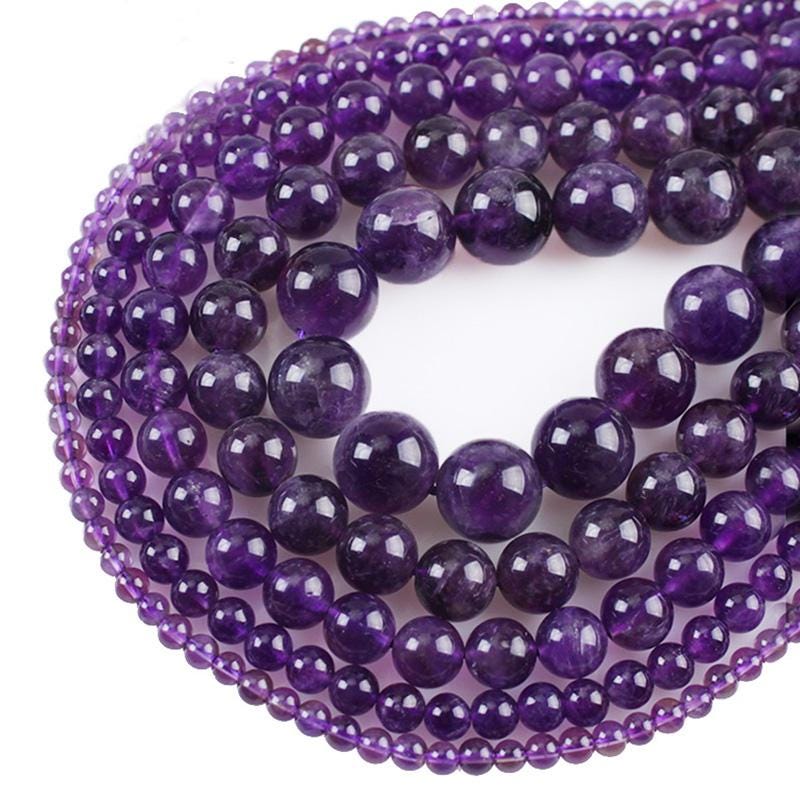 Natural A+ Grade Amethyst Gemstone Round Loose Beads | 4/6/8/10/12mm Smooth DIY Charm Beads for Jewelry Making | 15" Strand